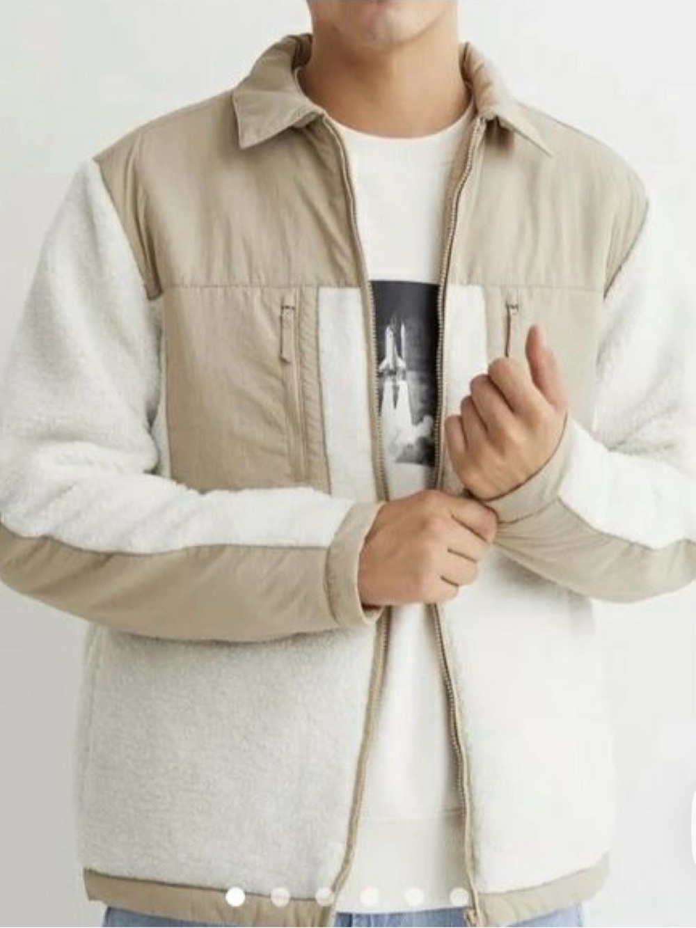 H&M Men’s Sherpa Jacket Size XLarge Cream And Brown Winter Casual Neutral Pocket